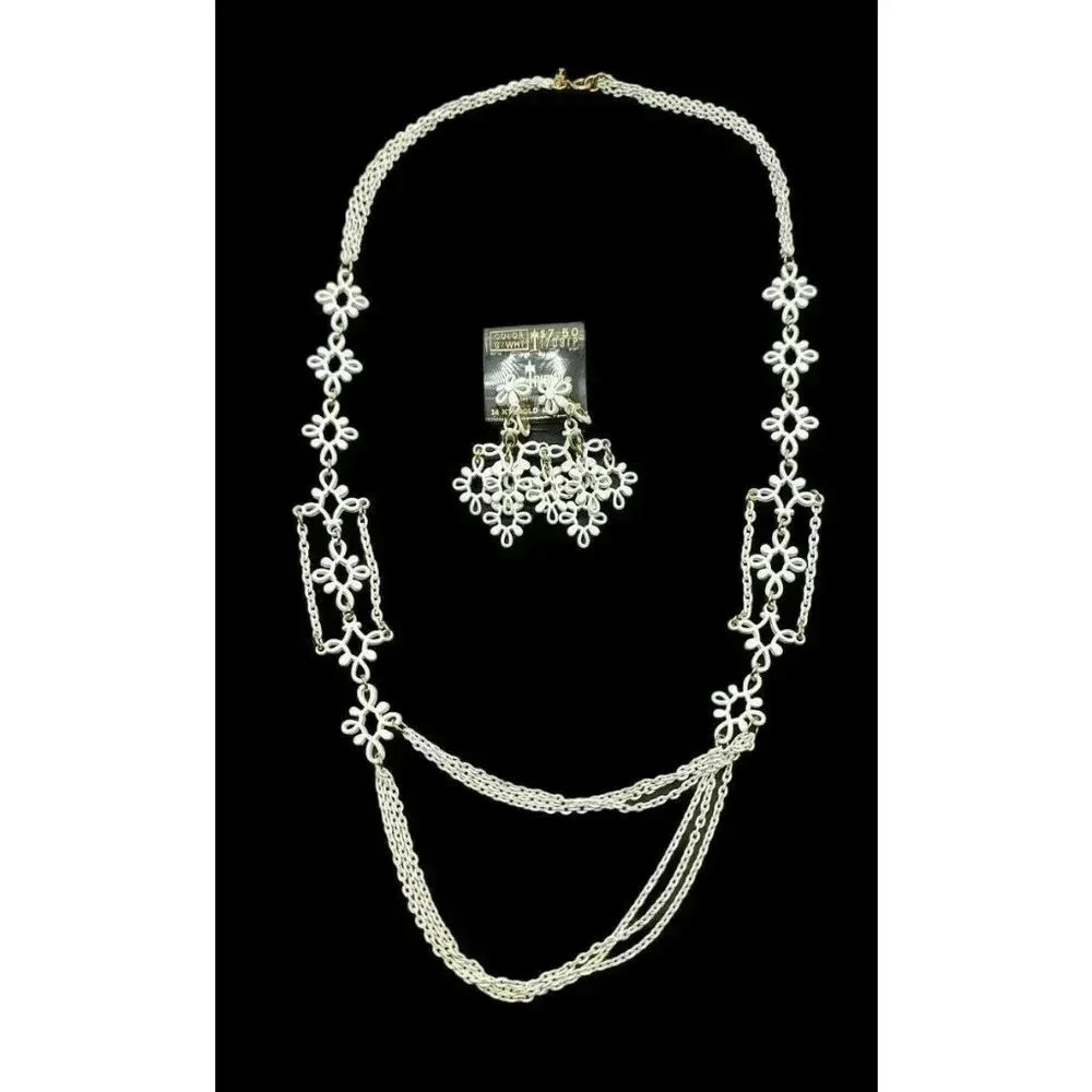 Crown Trifari White Enamel Necklace Earring Set